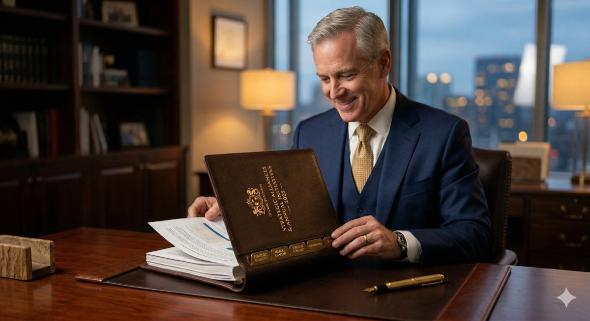 Board member marveling over a leather-bound printed board book